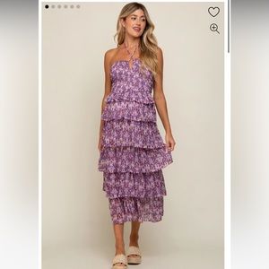 Purple Smocked Ruffle Tiered Halter Maternity Midi Dress | Pink Blush Maternity